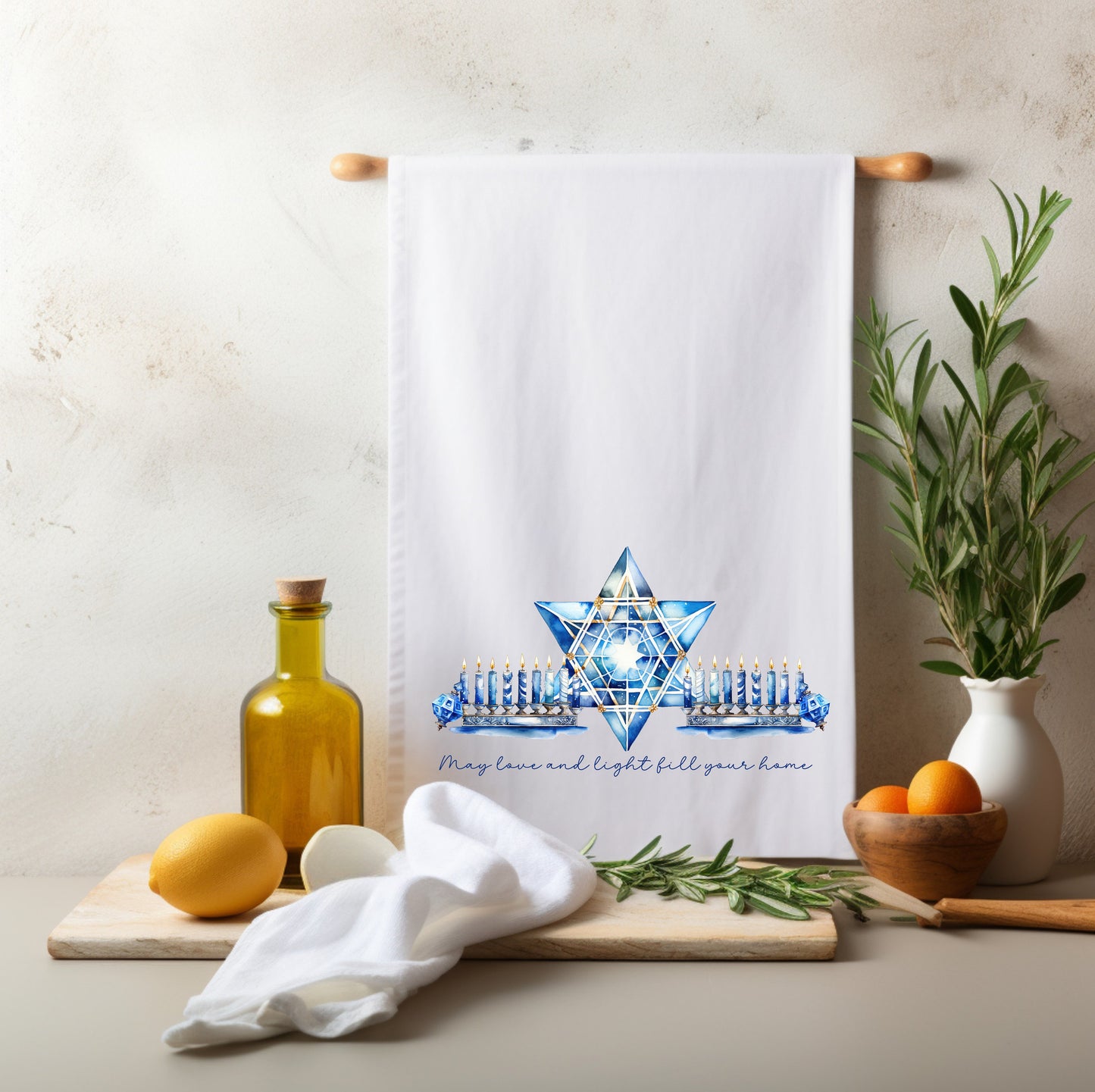 Hanukkah T-Towel Kitchen Gift for Jewish Holidays Happy Chanukah festival of lights Menorah candles Modern Judaica Simcha Home Hebrew Décor