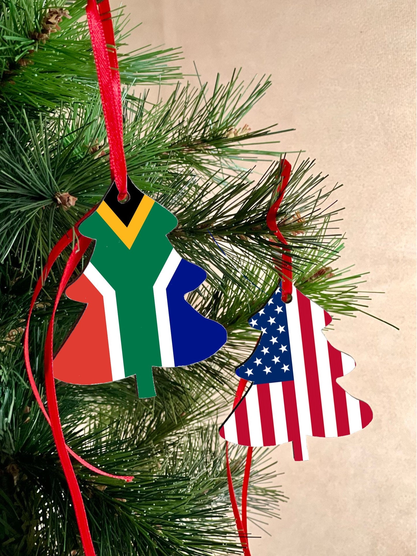 Christmas ornament Double sided South African United States Christmas Decoration. Tree shaped hanging ornament bright and colourful flags.