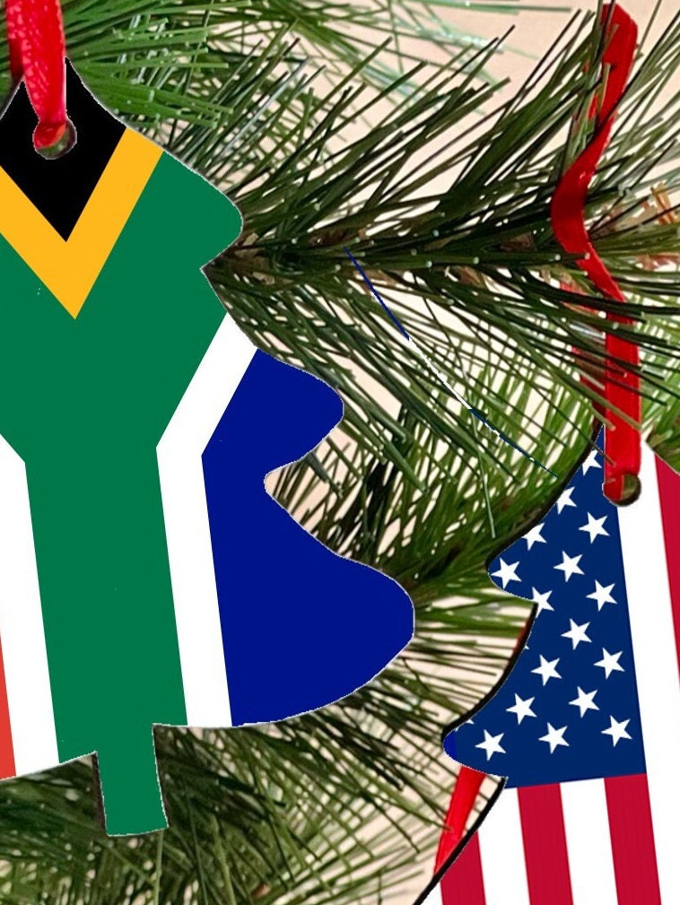 Christmas ornament Double sided South African United States Christmas Decoration. Tree shaped hanging ornament bright and colourful flags.