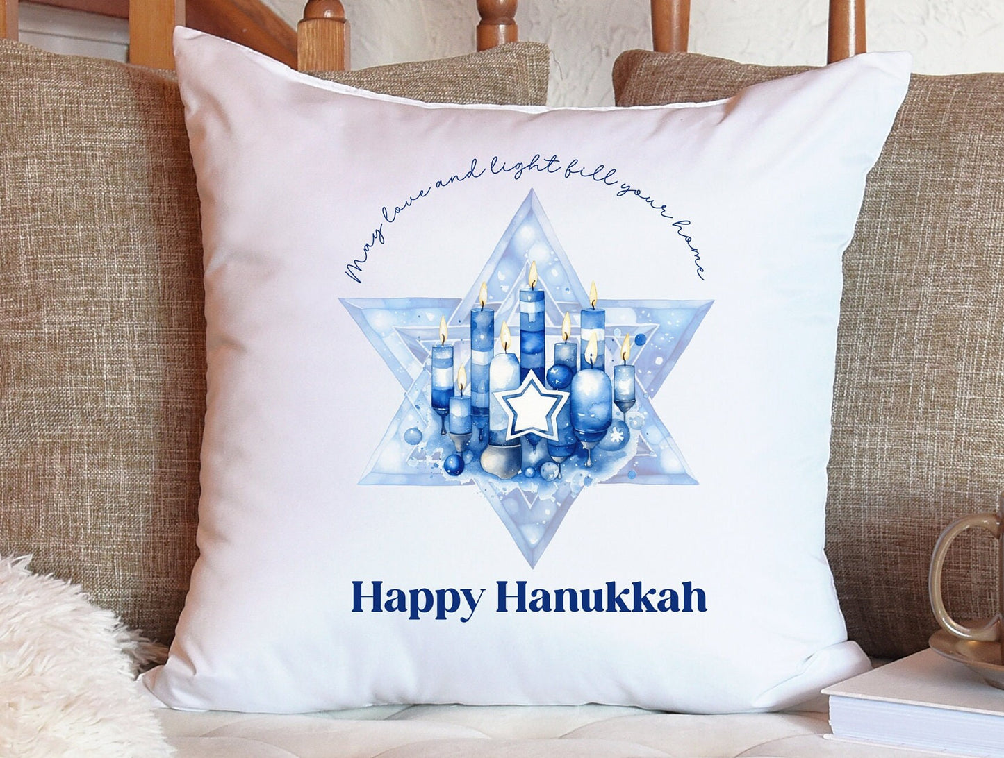 Hanukkah Cushion Gift for Jewish Holidays Happy Chanukah festival of lights Menorah candles Modern Judaica Simcha Home Hebrew Decor sameach