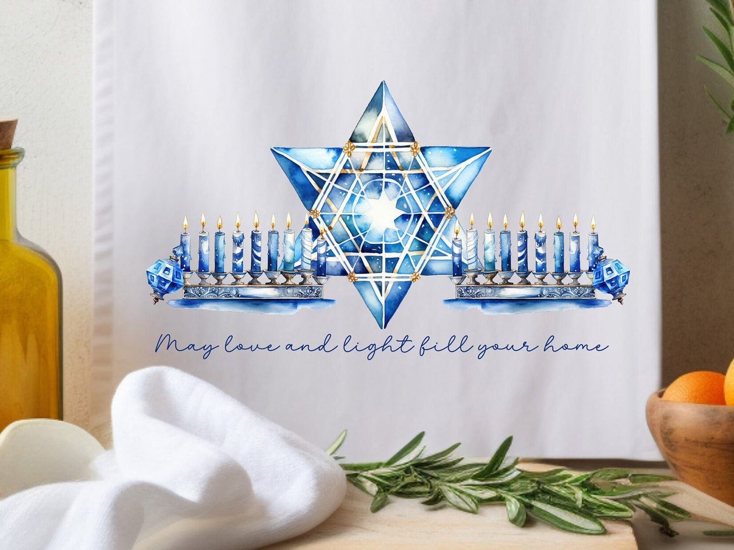 Hanukkah T-Towel Kitchen Gift for Jewish Holidays Happy Chanukah festival of lights Menorah candles Modern Judaica Simcha Home Hebrew Décor