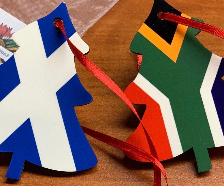 Christmas ornament double sided South African and Scotland Saltire Christmas Decoration. Tree shaped hanging ornament bright