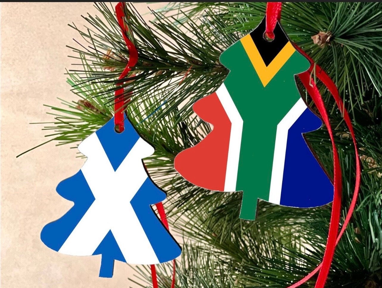 Christmas ornament double sided South African and Scotland Saltire Christmas Decoration. Tree shaped hanging ornament bright