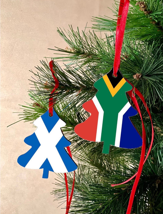 Christmas ornament double sided South African and Scotland Saltire Christmas Decoration. Tree shaped hanging ornament bright