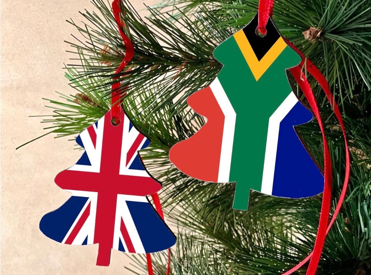 Christmas ornament Double sided South African United Kingdom Christmas Decoration. Tree shaped hanging ornament bright and colourful flags.