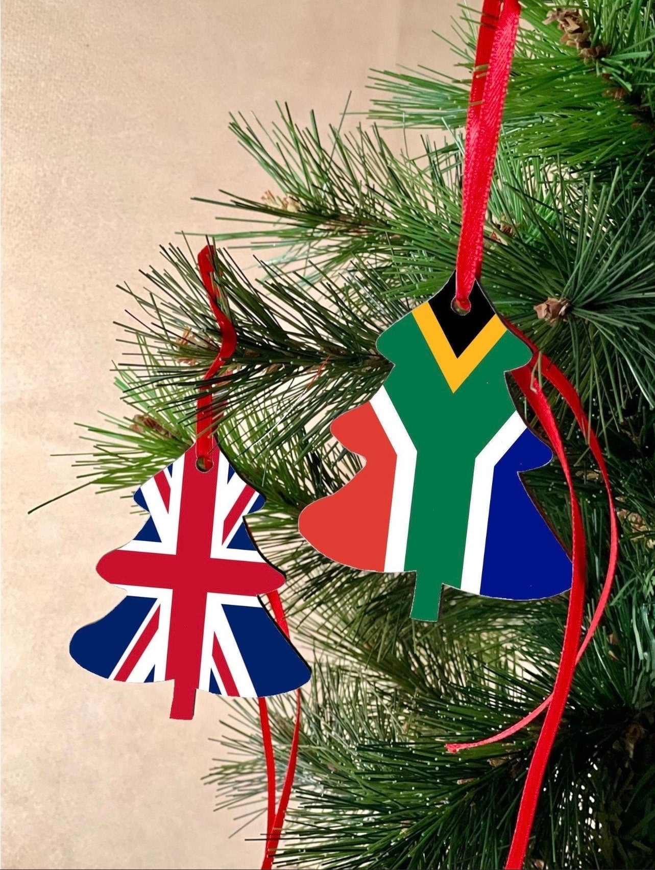 Christmas ornament Double sided South African United Kingdom Christmas Decoration. Tree shaped hanging ornament bright and colourful flags.