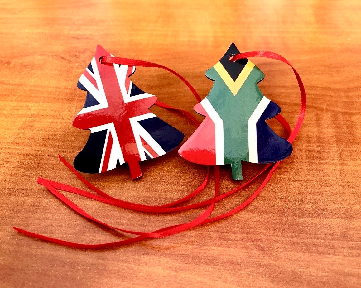 Christmas ornament Double sided South African United Kingdom Christmas Decoration. Tree shaped hanging ornament bright and colourful flags.