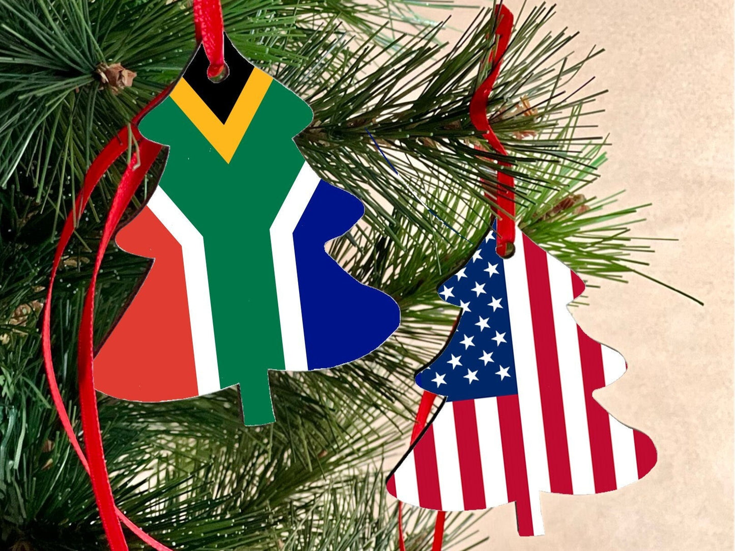 Christmas ornament Double sided South African United States Christmas Decoration. Tree shaped hanging ornament bright and colourful flags.