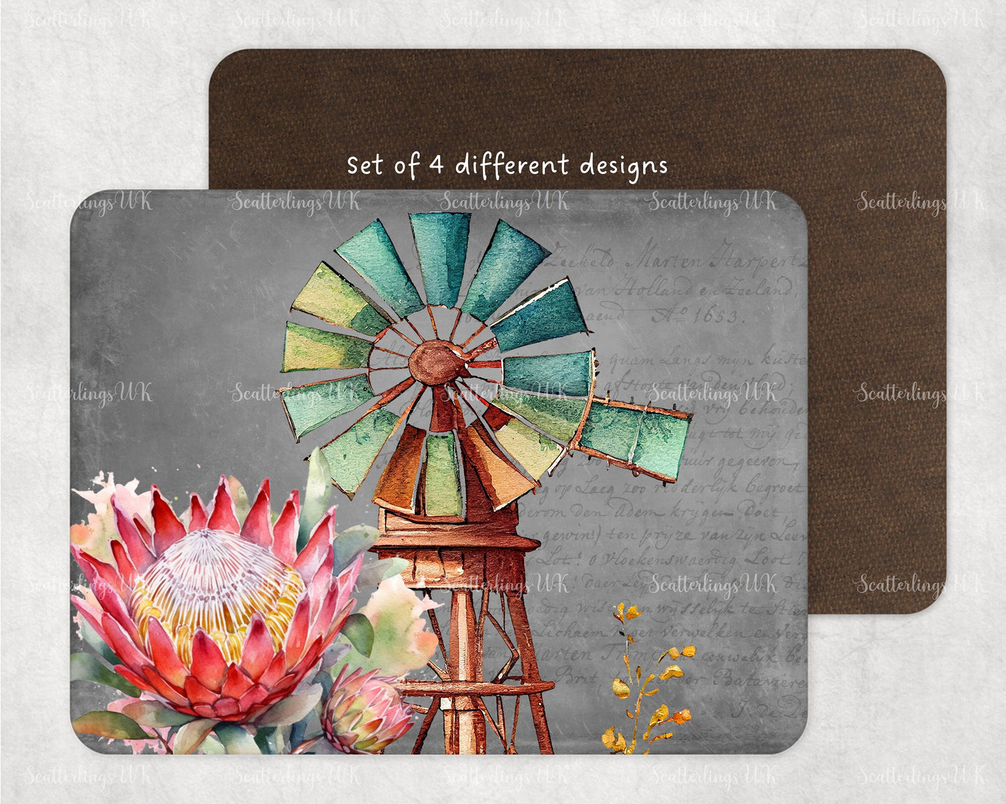 Set of 4 Placemats Protea and Windmill windpomp tablemat placemat gift set four place setting South Africa Karoo home décor