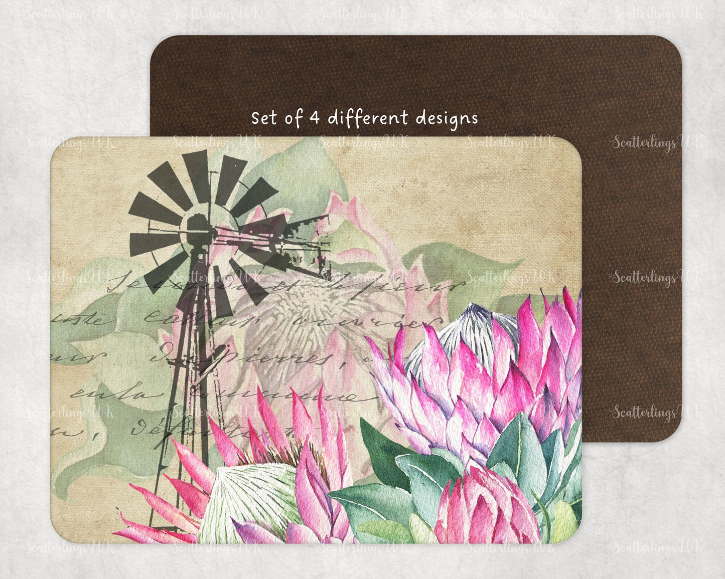 Set of 4 Protea and Windmill tablemats placemats. Four beautiful South African designs. Proteas and Windpomp. ( 26x20cm )