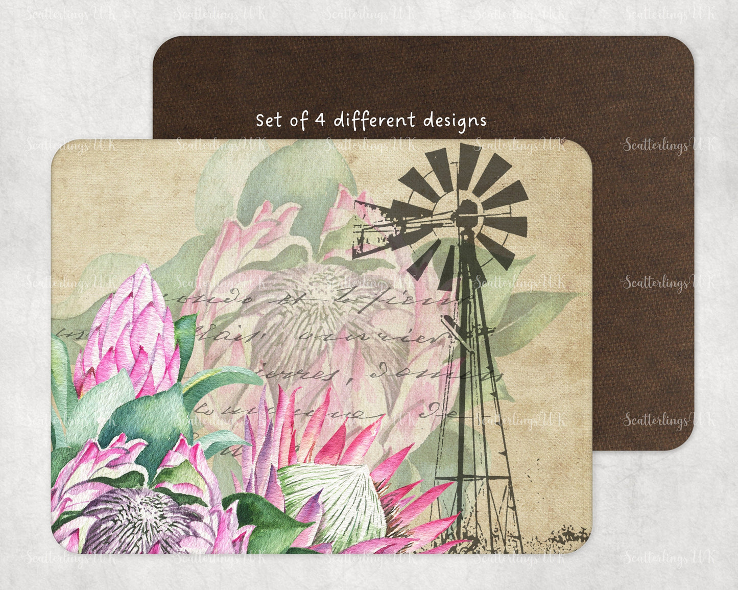 Set of 4 Protea and Windmill tablemats placemats. Four beautiful South African designs. Proteas and Windpomp. ( 26x20cm )