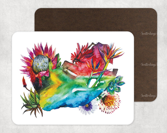 Floral Map of South Africa design with Protea Fynbos Strelitzia Red Hot Poker succulents placemat tablemat ( size 20 x 26cm )