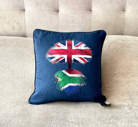 South African flag roots United Kingdom Union Jack tree branches Navy Blue cotton scatter cushion pillow Heritage family tree home decor