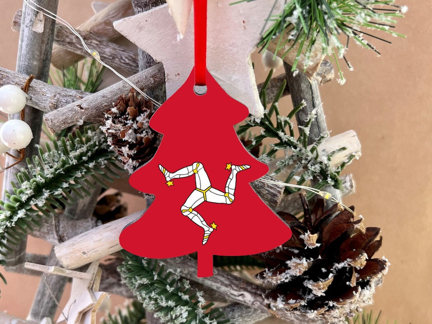 Christmas ornament Isle of Man Christmas Decoration. Tree shaped hanging ornament bright. Manx Ellan Vannin