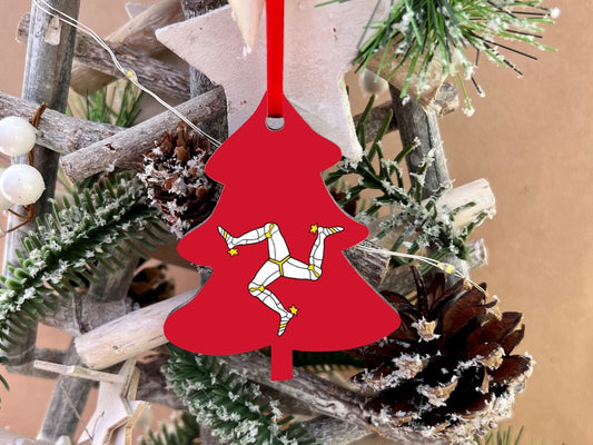 Christmas ornament Isle of Man Christmas Decoration. Tree shaped hanging ornament bright. Manx Ellan Vannin