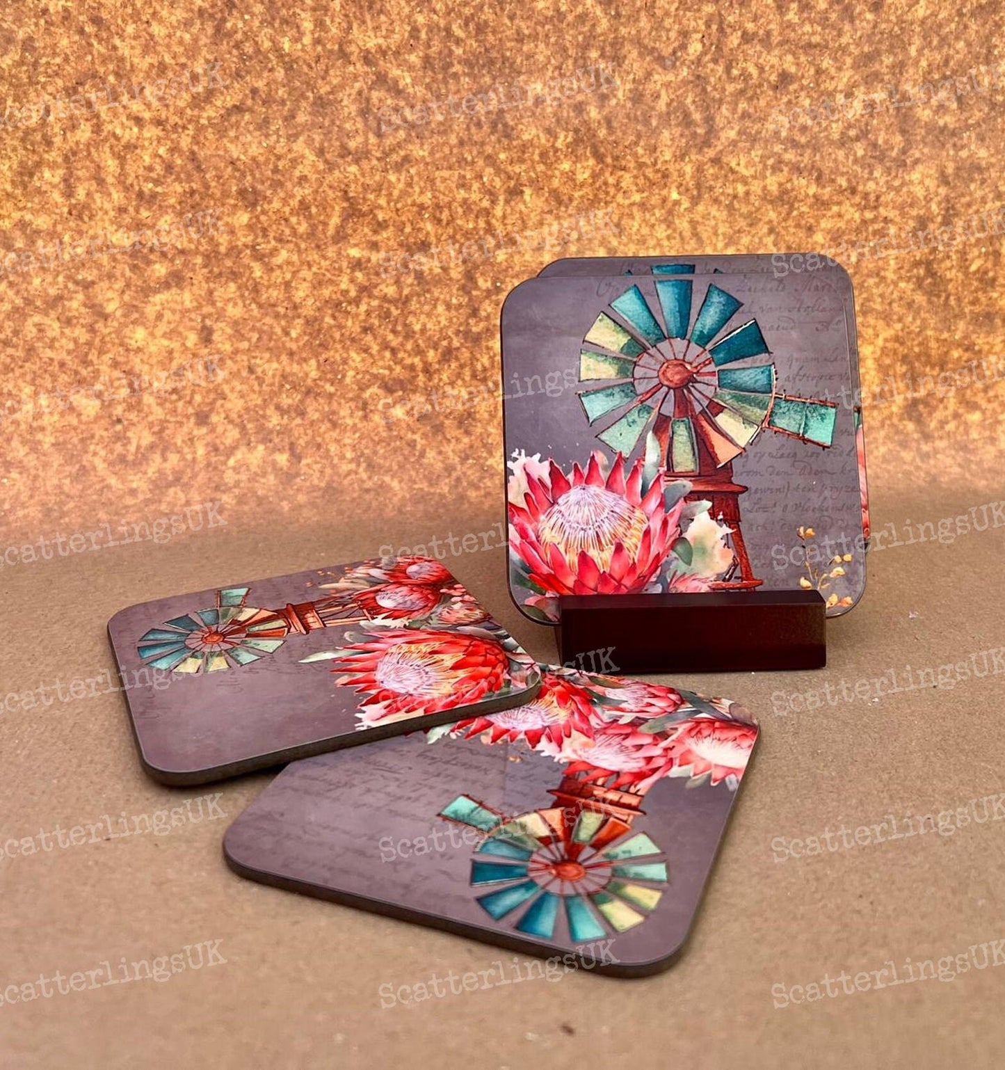 Protea Coasters with Display Stand set of 4 Windmill with bright pink Proteas South African Australian Karoo gift birthday Mother’s Day