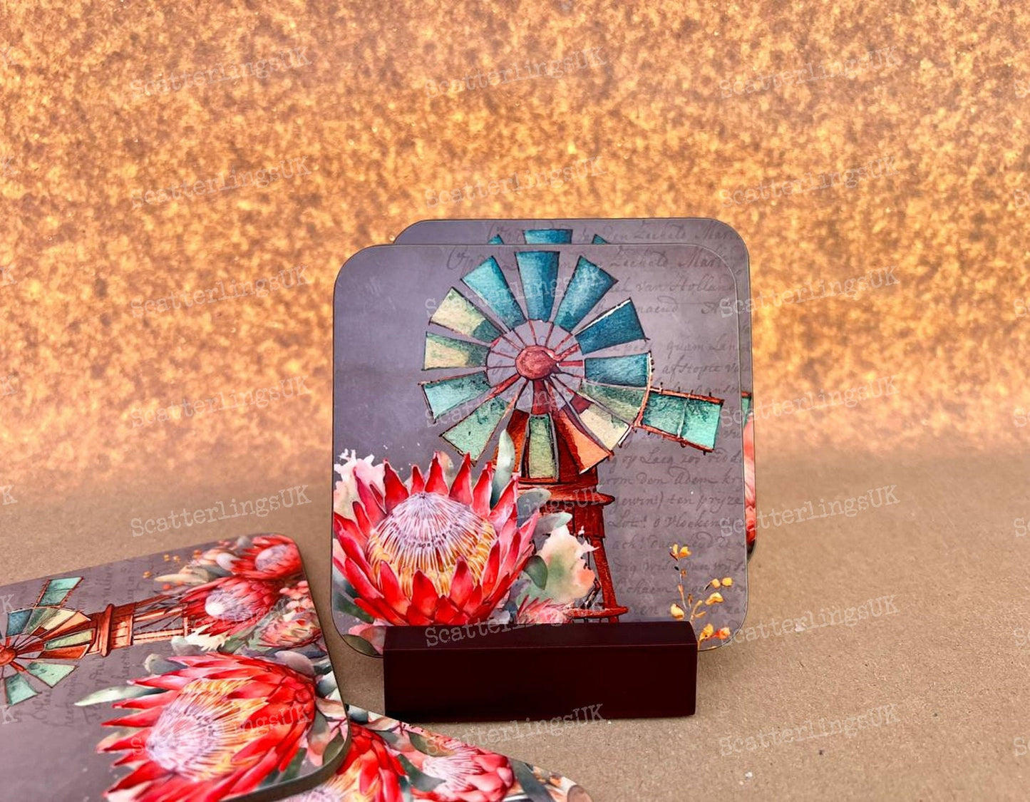 Protea Coasters with Display Stand set of 4 Windmill with bright pink Proteas South African Australian Karoo gift birthday Mother’s Day