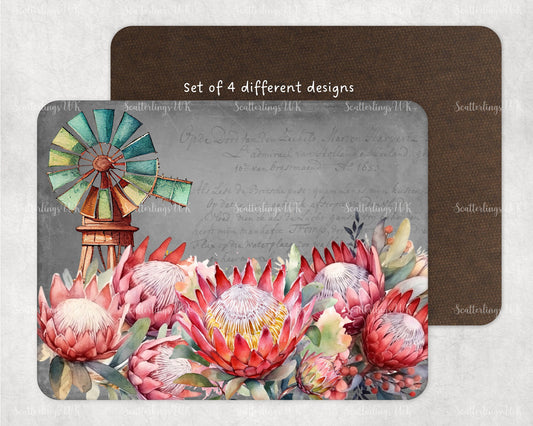 Set of 4 Placemats Protea and Windmill windpomp tablemat placemat gift set four place setting South Africa Karoo home décor