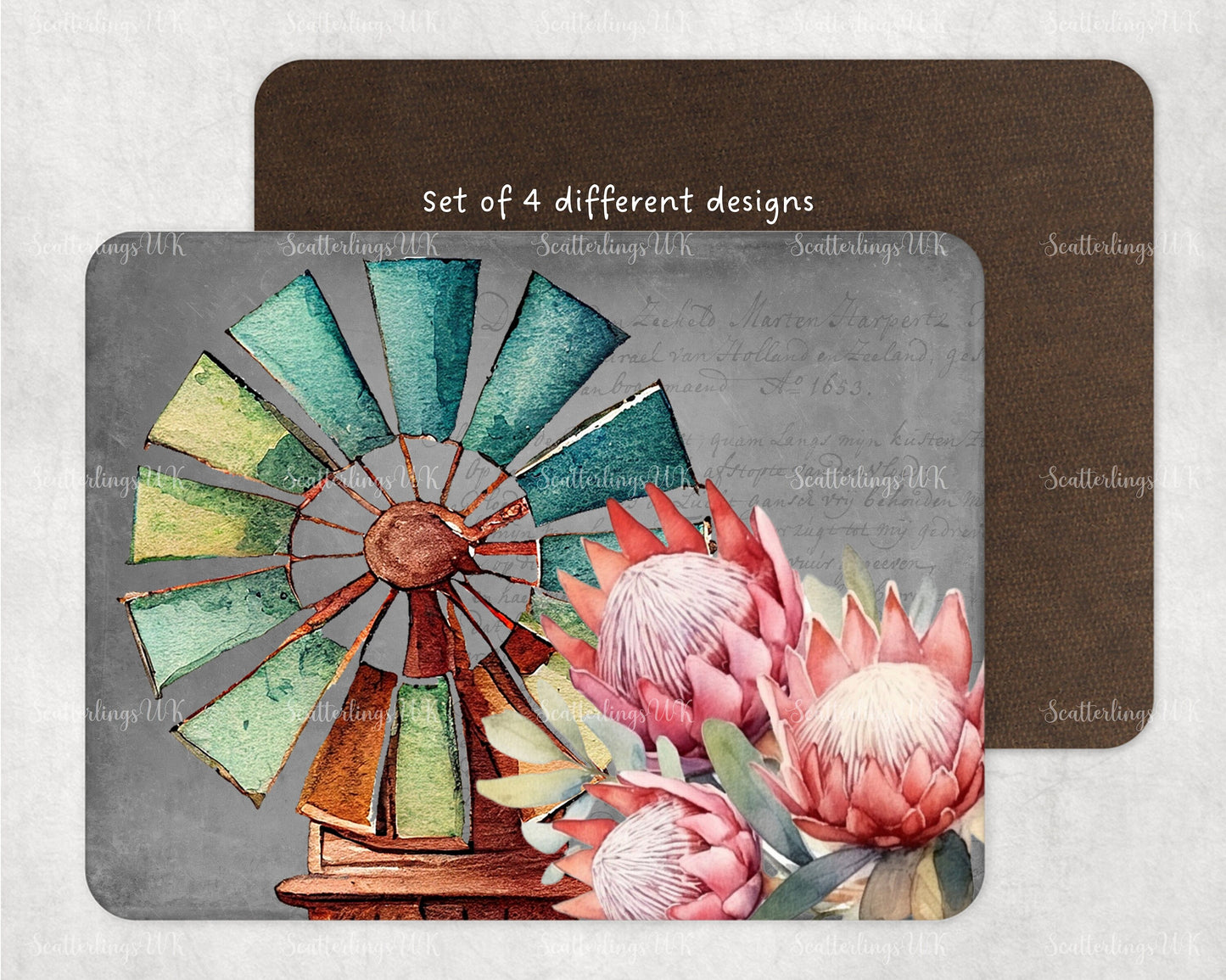 Set of 4 Placemats Protea and Windmill windpomp tablemat placemat gift set four place setting South Africa Karoo home décor