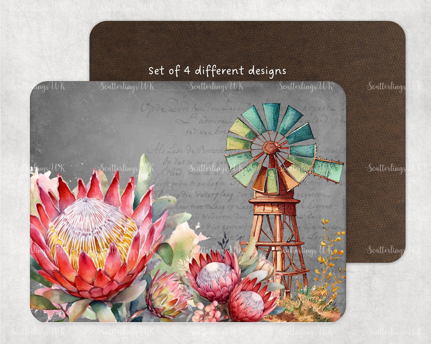 Set of 4 Placemats Protea and Windmill windpomp tablemat placemat gift set four place setting South Africa Karoo home décor