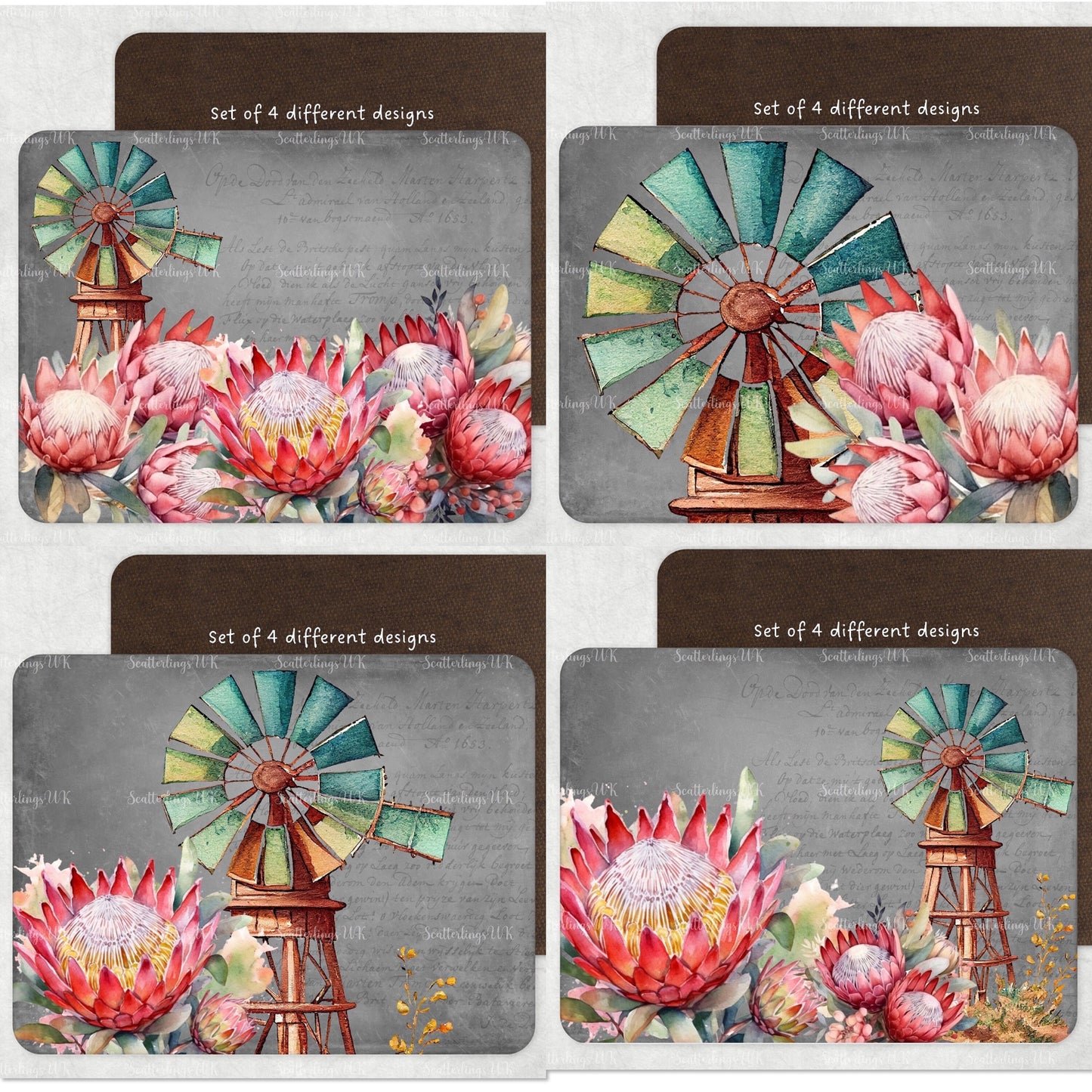 Set of 4 Placemats Protea and Windmill windpomp tablemat placemat gift set four place setting South Africa Karoo home décor