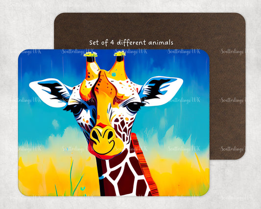 Set of 4 Safari African savannah jungle animal tablemat placemat wildlife gift bright colours elephant lion zebra giraffe place setting