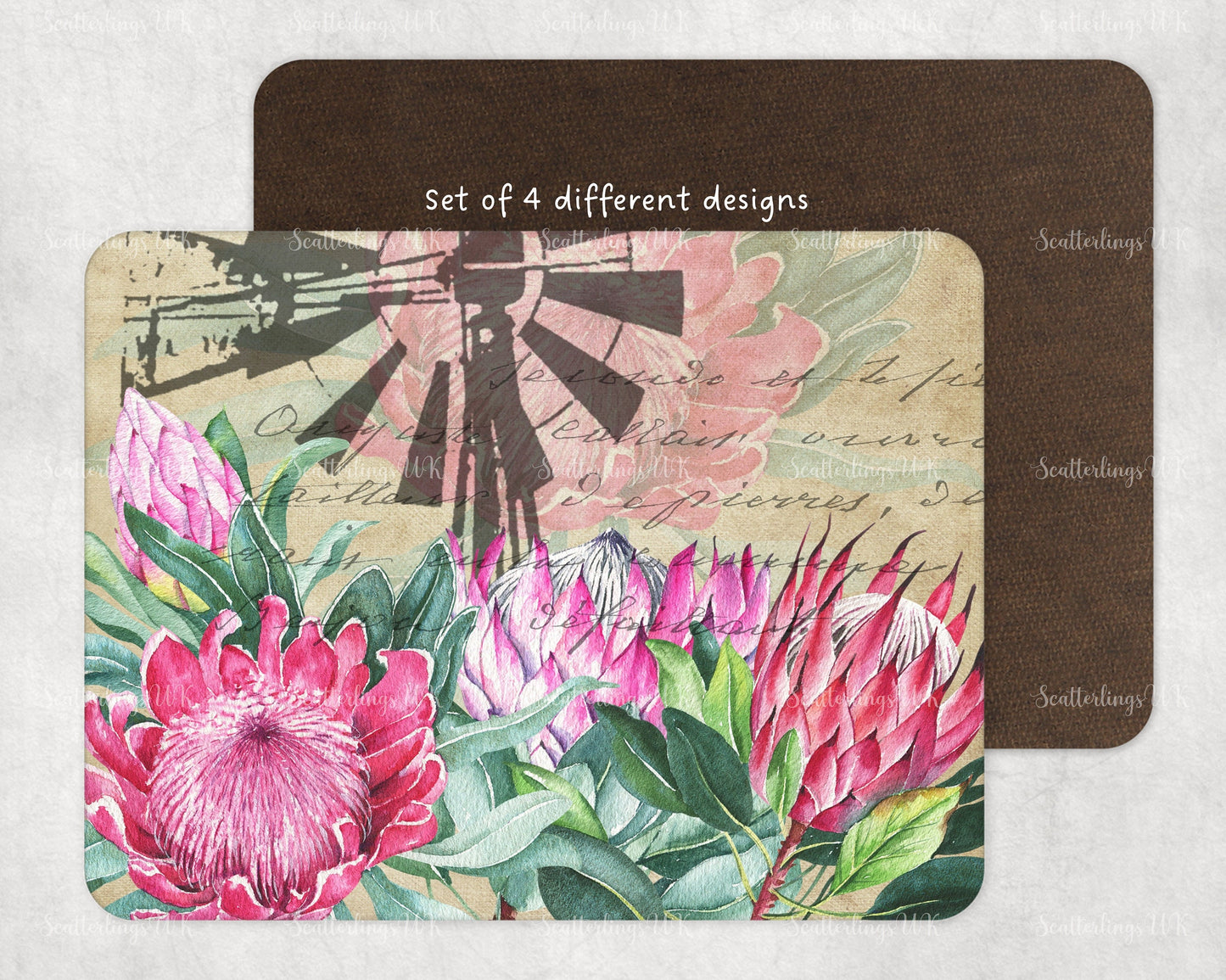 Set of 4 Protea and Windmill tablemats placemats. Four beautiful South African designs. Proteas and Windpomp. ( 26x20cm )