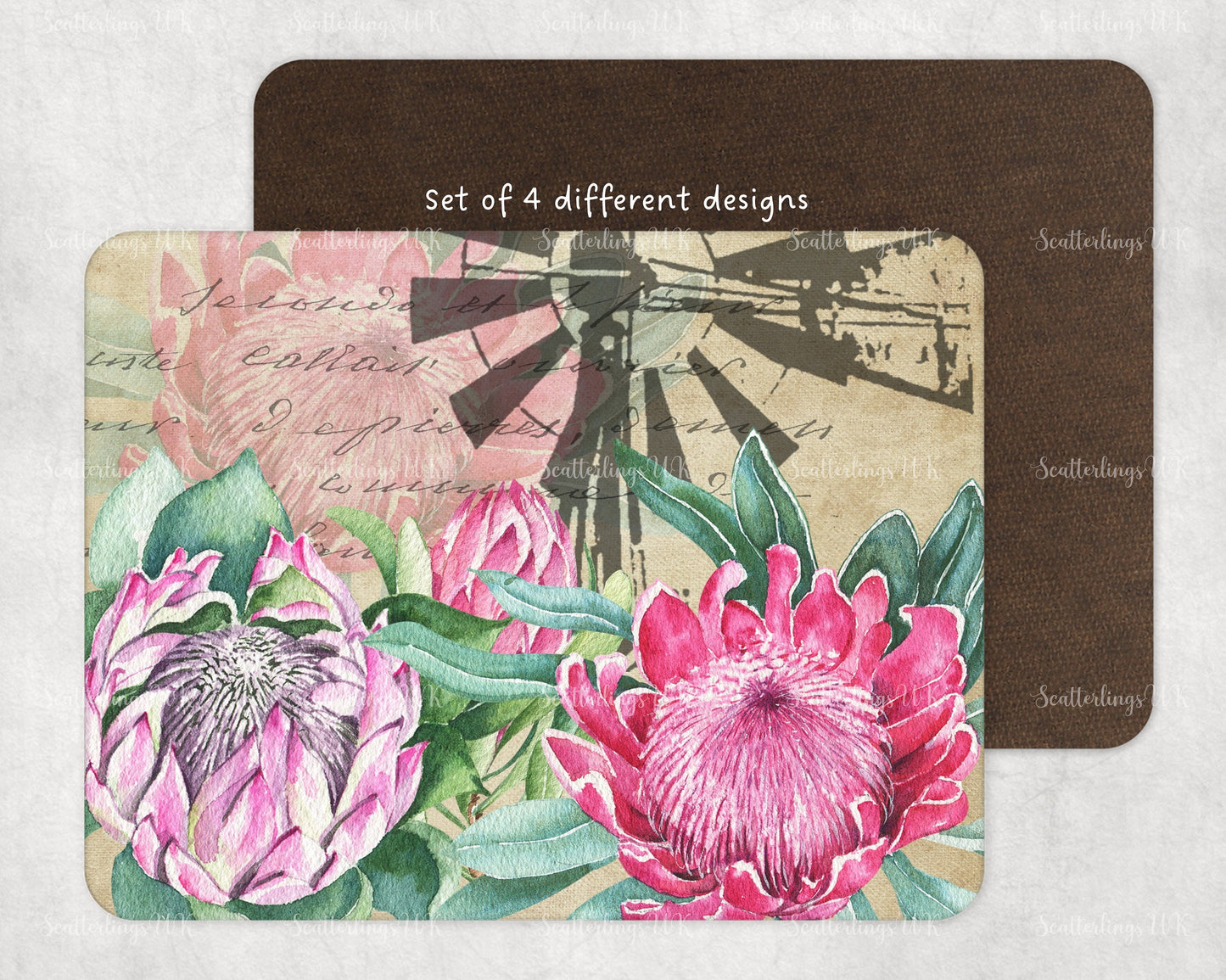 Set of 4 Protea and Windmill tablemats placemats. Four beautiful South African designs. Proteas and Windpomp. ( 26x20cm )