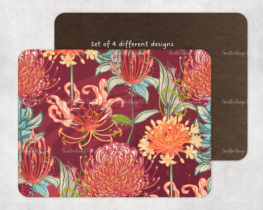 Set of 4 Protea Flame Lily Floral Set South African/Southern African/Zimbabwe flowers tablemat placemat gift bright colours four setting