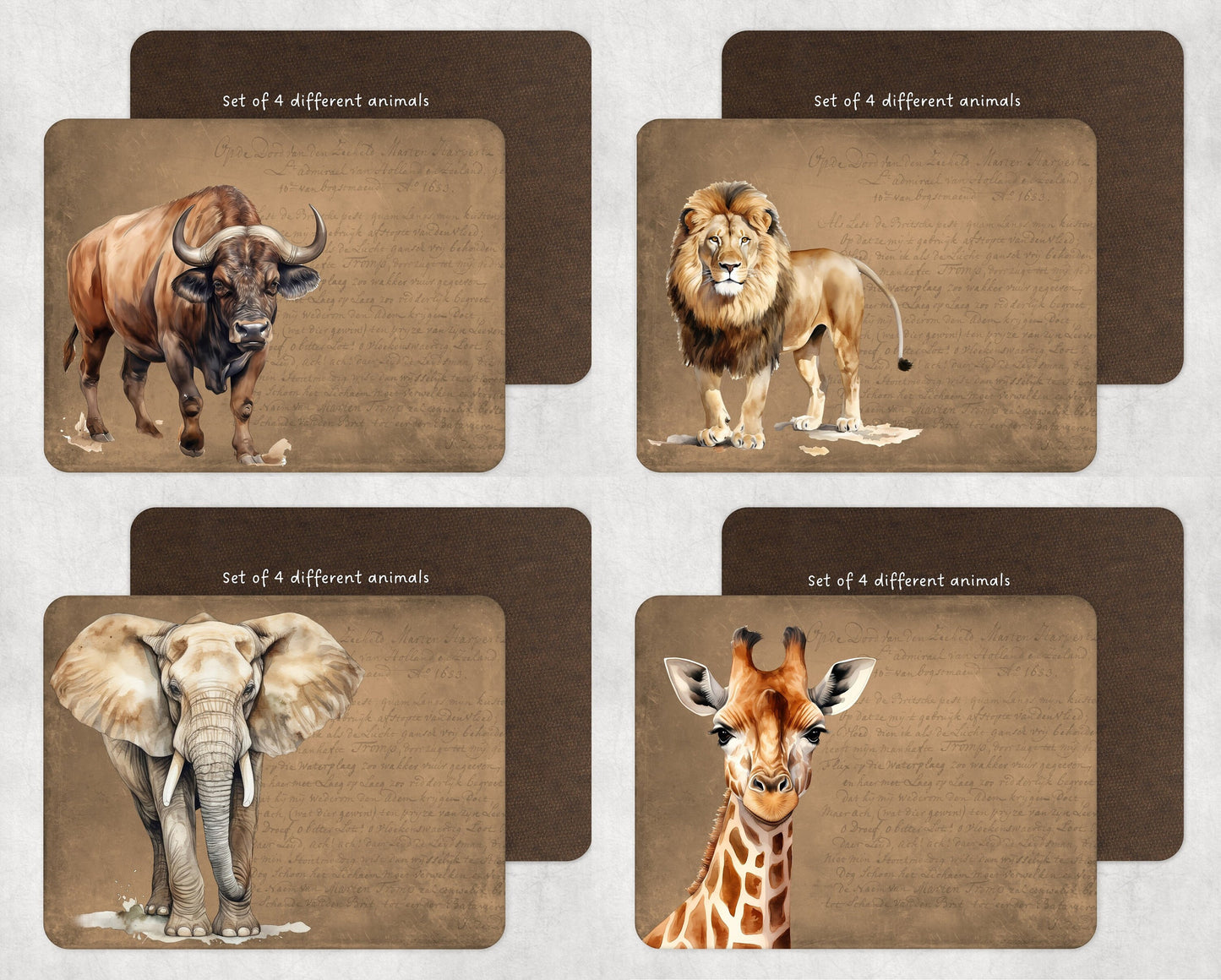 Set of 4 Safari African animals savannah jungle animal tablemat placemat set wildlife gift elephant lion giraffe buffalo four place setting