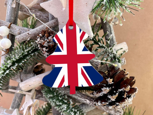 Christmas decorations tree ornament United Kingdom Union Jack Christmas Decoration. Tree shaped decoration hanging ornament.