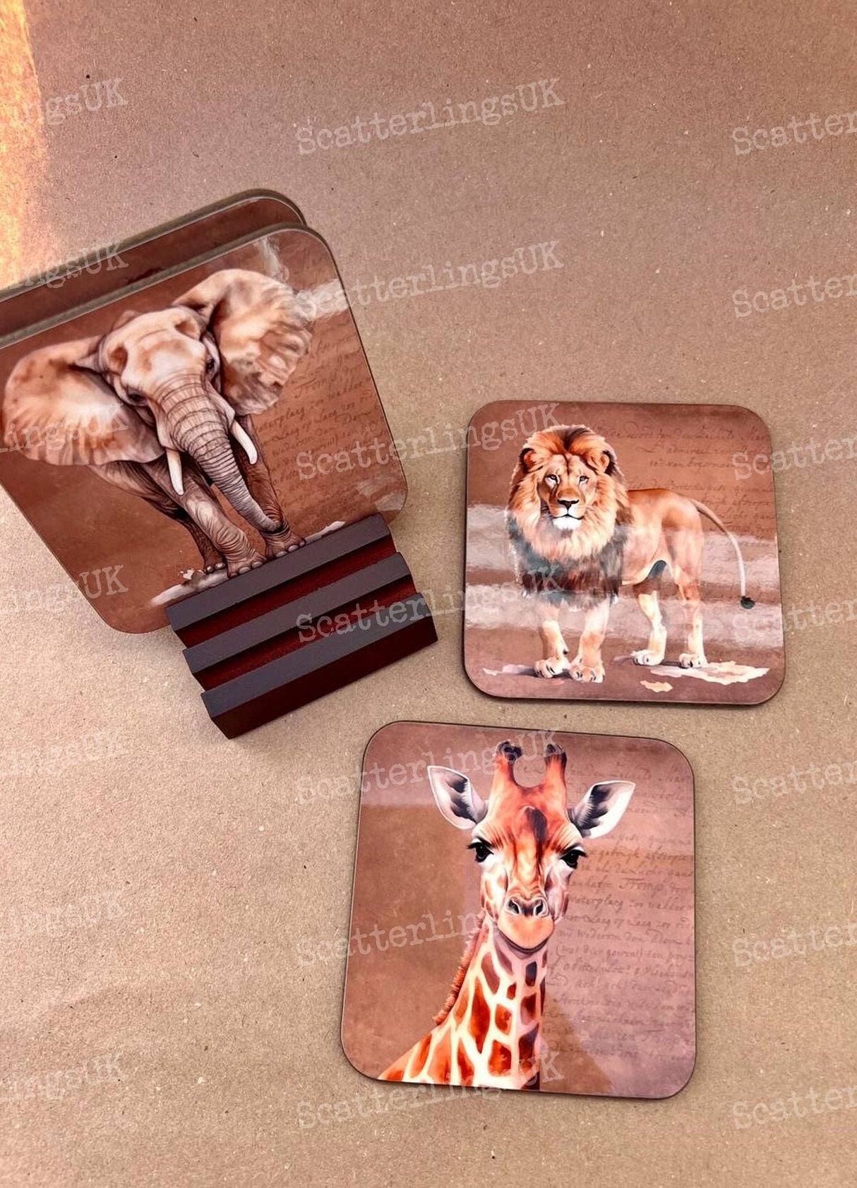 African animals coasters set of 4 elephant lion buffalo giraffe South African gift for him bar with display stand