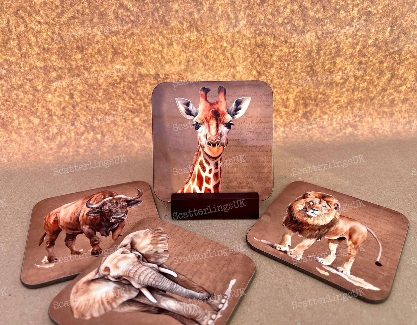 African animals coasters set of 4 elephant lion buffalo giraffe South African gift for him bar with display stand