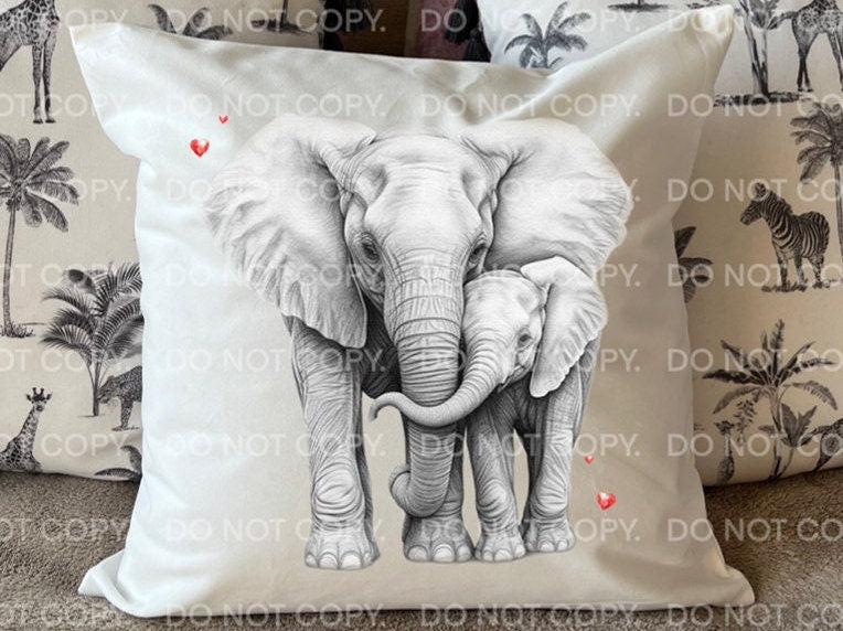 Elephants Couple Sketch Hearts Valentine's Day White Scatter cushion pillow Mother and Child Birthday Gift for Mum Mother's Day Grandmother