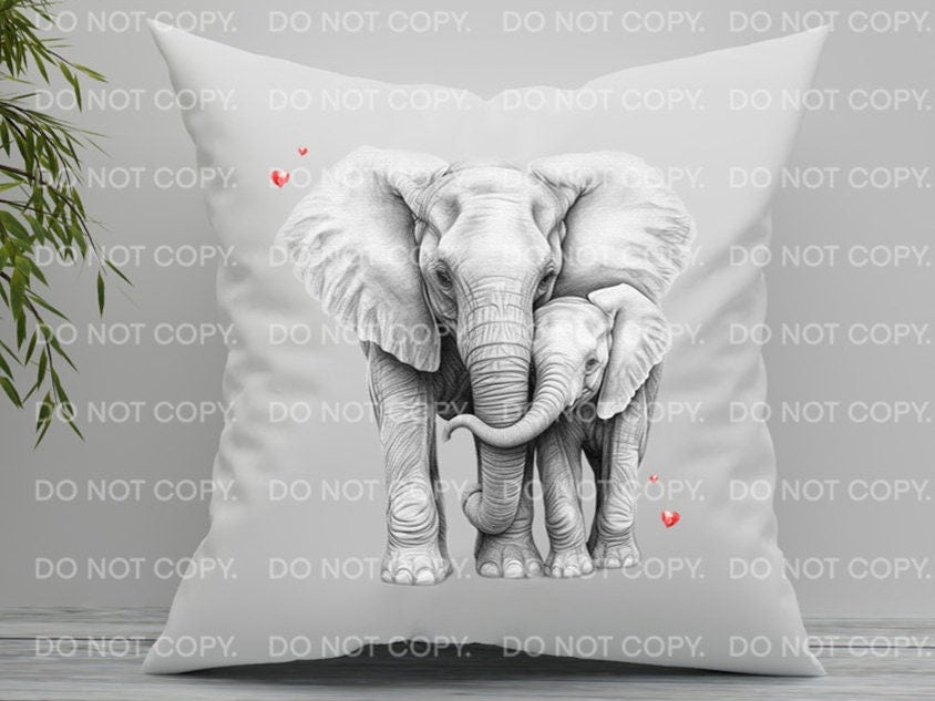 Elephants Couple Sketch Hearts Valentine's Day White Scatter cushion pillow Mother and Child Birthday Gift for Mum Mother's Day Grandmother