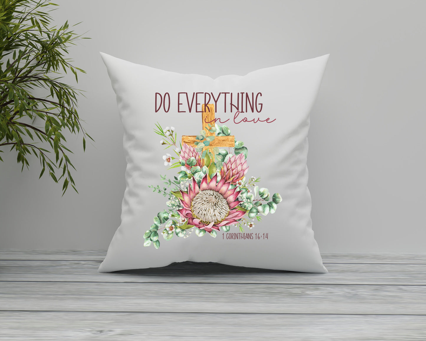 Protea Faith Cushion Cover Scripture "Do everything in love" Home decoration pink floral pillow Birthday Mothers Day Confirmation Bible gift