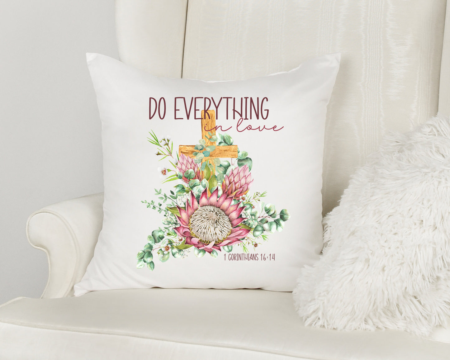 Protea Faith Cushion Cover Scripture "Do everything in love" Home decoration pink floral pillow Birthday Mothers Day Confirmation Bible gift