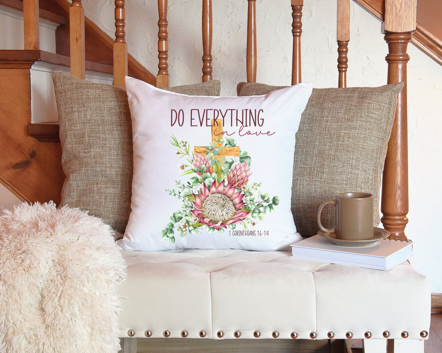 Protea Faith Cushion Cover Scripture "Do everything in love" Home decoration pink floral pillow Birthday Mothers Day Confirmation Bible gift