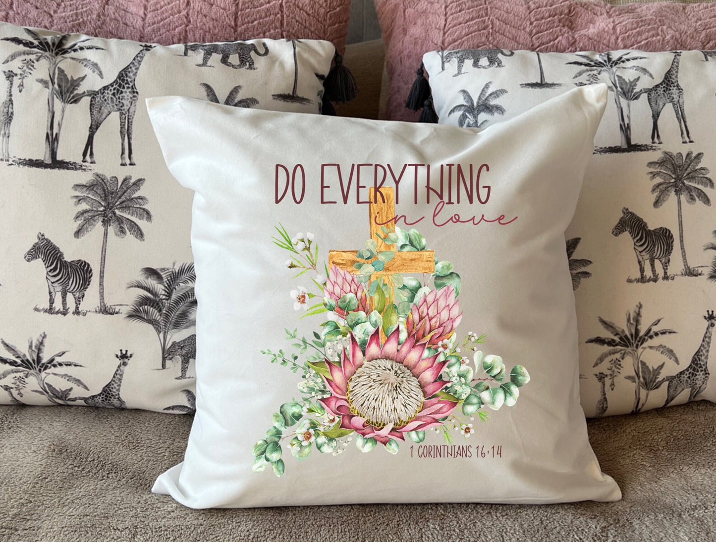 Protea Faith Cushion Cover Scripture "Do everything in love" Home decoration pink floral pillow Birthday Mothers Day Confirmation Bible gift