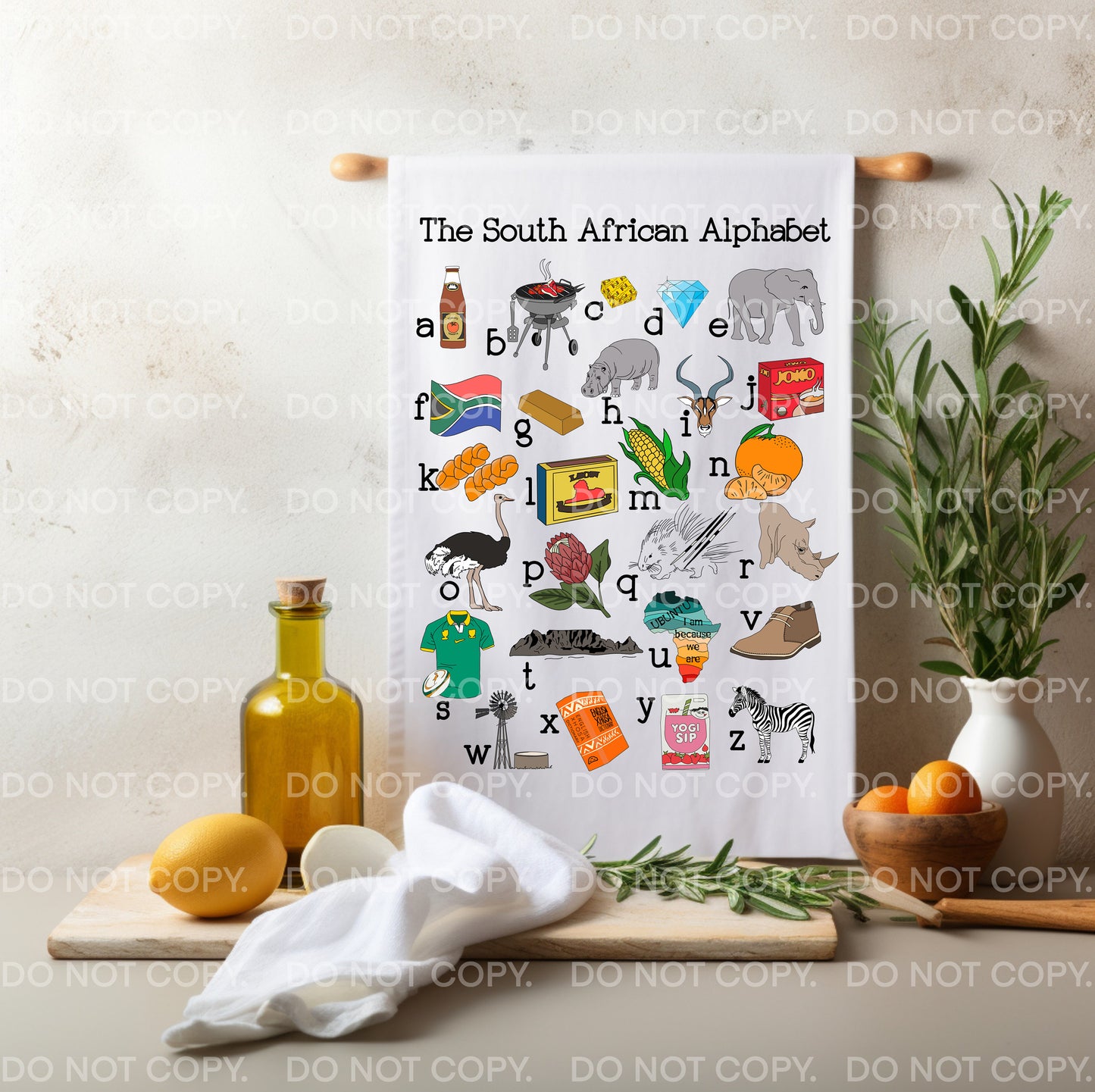 South African Alphabet Tea towel Unique Afrikaans Bar Hand towel Housewarming new Home Kitchen gift  flag decoration animals food braai bbq