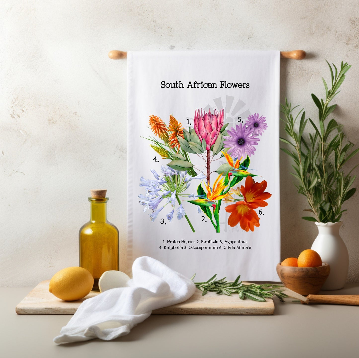 Kitchen Tea towel Bar Towel Hand Towel  South African flowers Protea Strelitzia