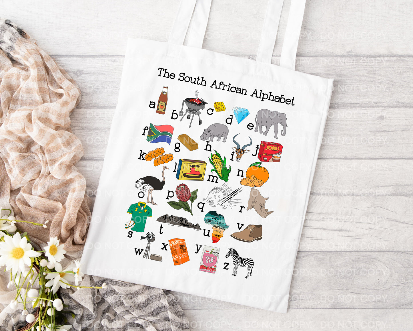 South African alphabet tote reusable shopping book bag eco-friendly Safari animals Food Afrikaans