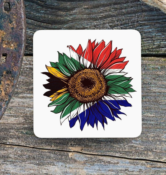 Coaster South African Rainbow Nation on Sunflower. South African coaster. ( 9x9cm ) Flag Art.