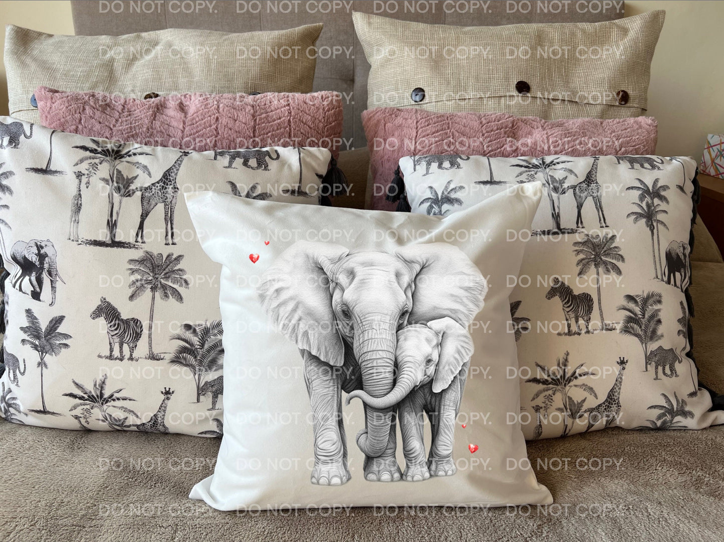 Elephants Couple Sketch Hearts Valentine's Day White Scatter cushion pillow Mother and Child Birthday Gift for Mum Mother's Day Grandmother