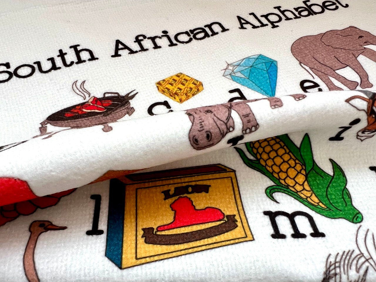 South African Alphabet Tea towel Unique Afrikaans Bar Hand towel Housewarming new Home Kitchen gift  flag decoration animals food braai bbq