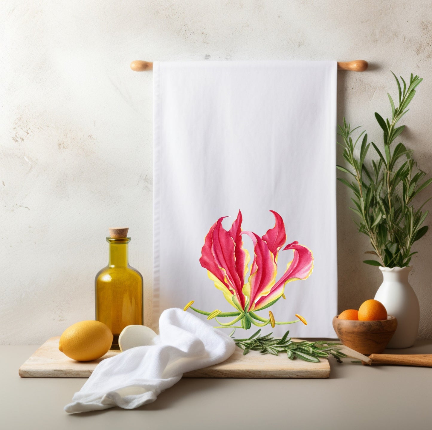 Flame Lily Tea Towel Gloriosa superba Zimbabwe Brightly Flame Lily fabric kitchen / bar towel / dish towel housewarming birthday  gift