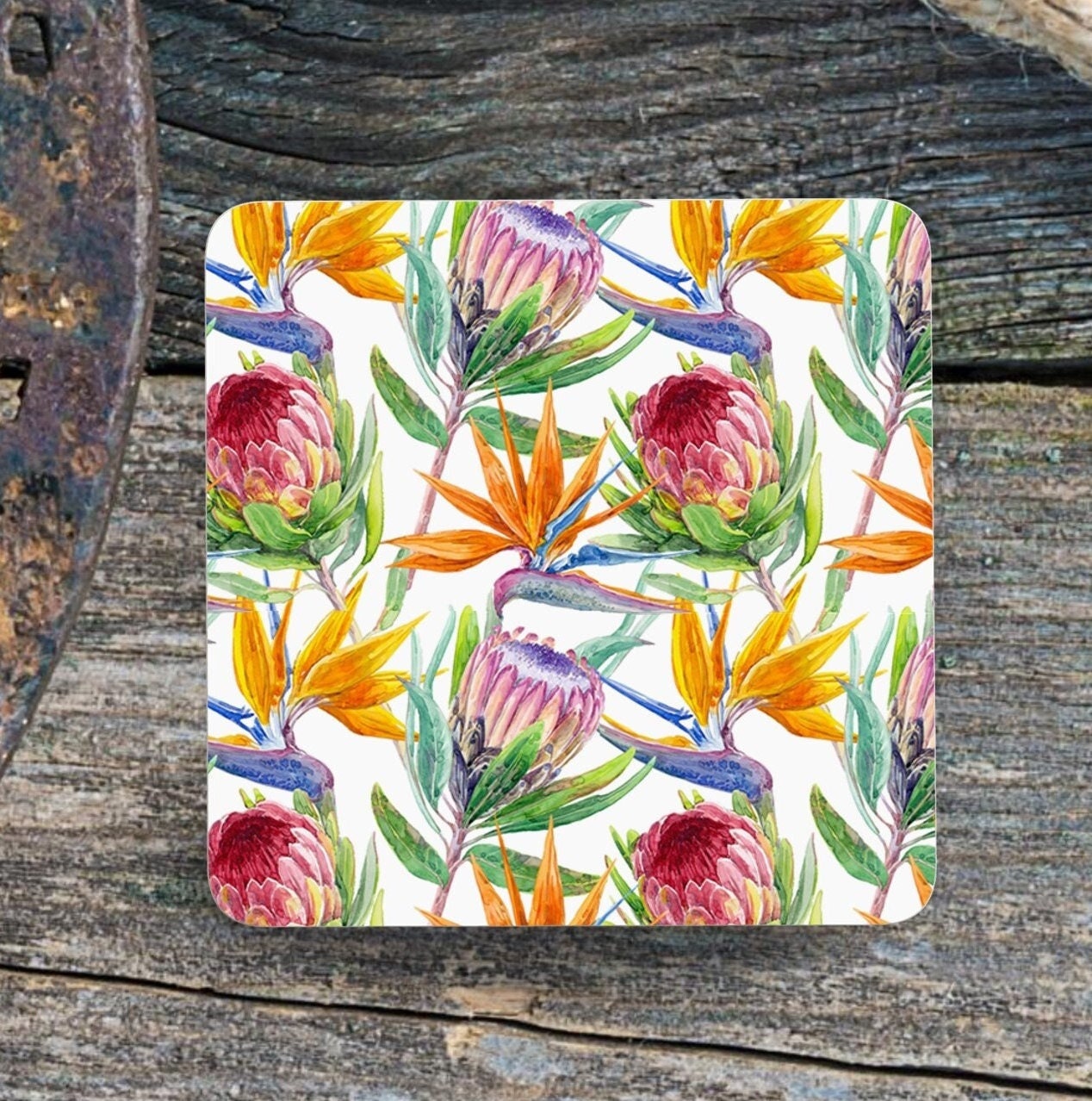 Protea and Strelitzia coaster. ( 9x9cm ) See matching mug.