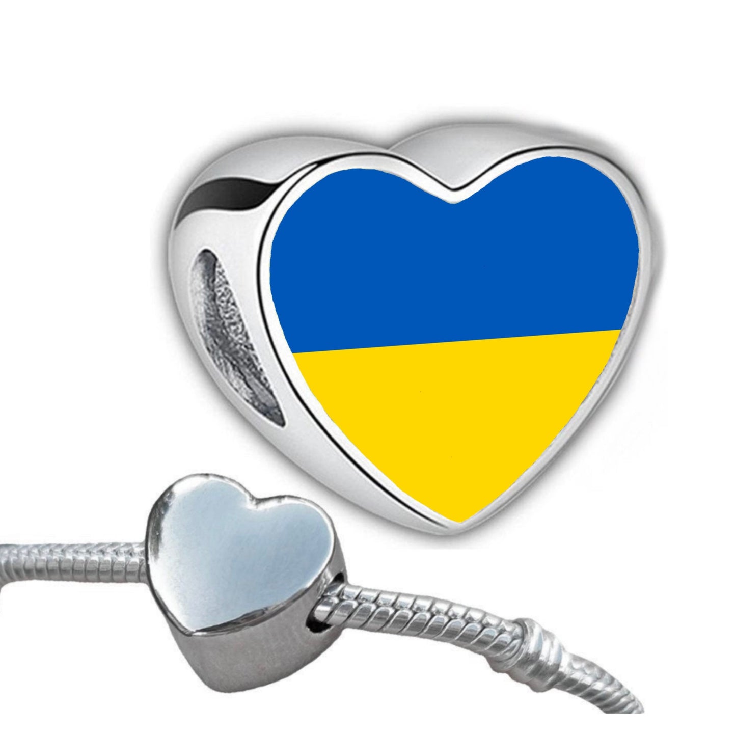 Ukraine heart shaped bracelet charm. Personalised stainless steel large hole bead charm. Ukrainian flag charm.