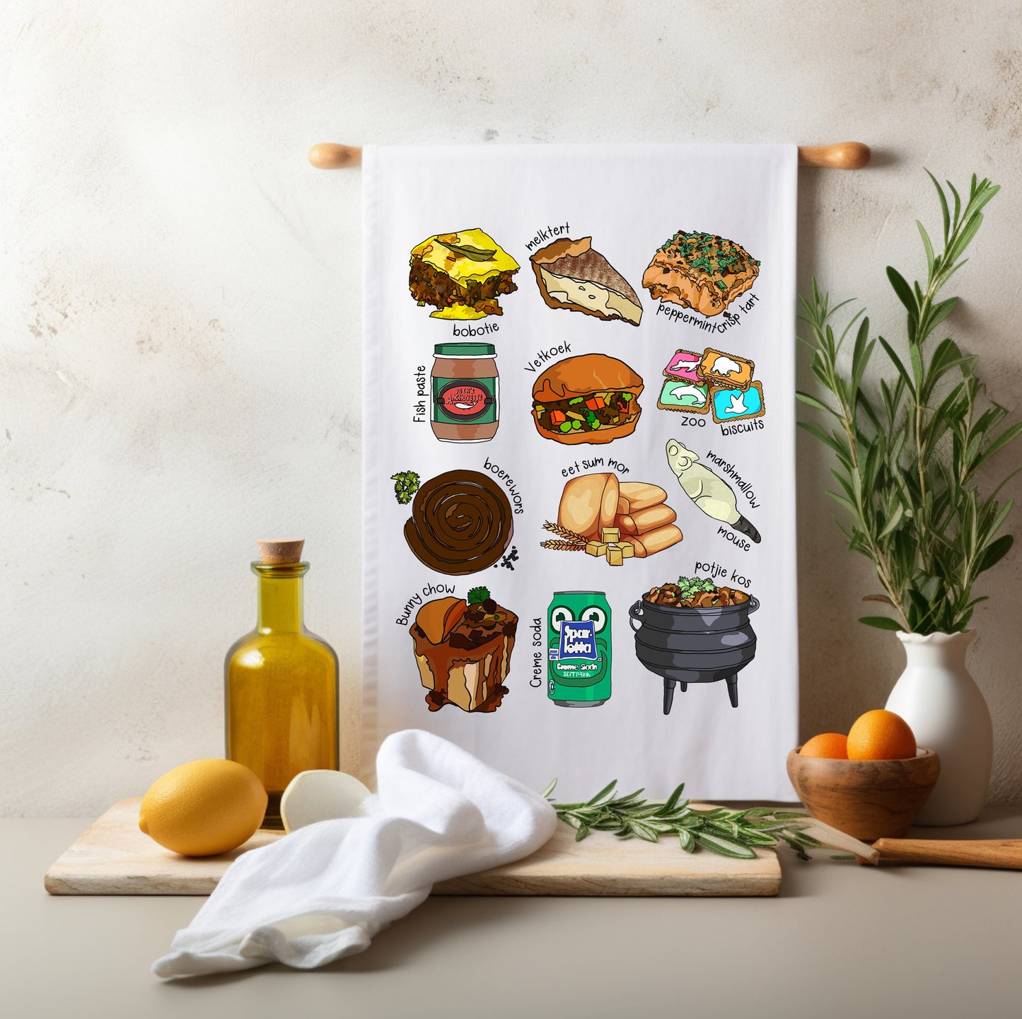 South African Foods Tea Towel Afrikaans Bar Dish Cloth Drying Hand Towel Housewarming New Home Kitchen Chef Gift Braai BBQ Hand printed