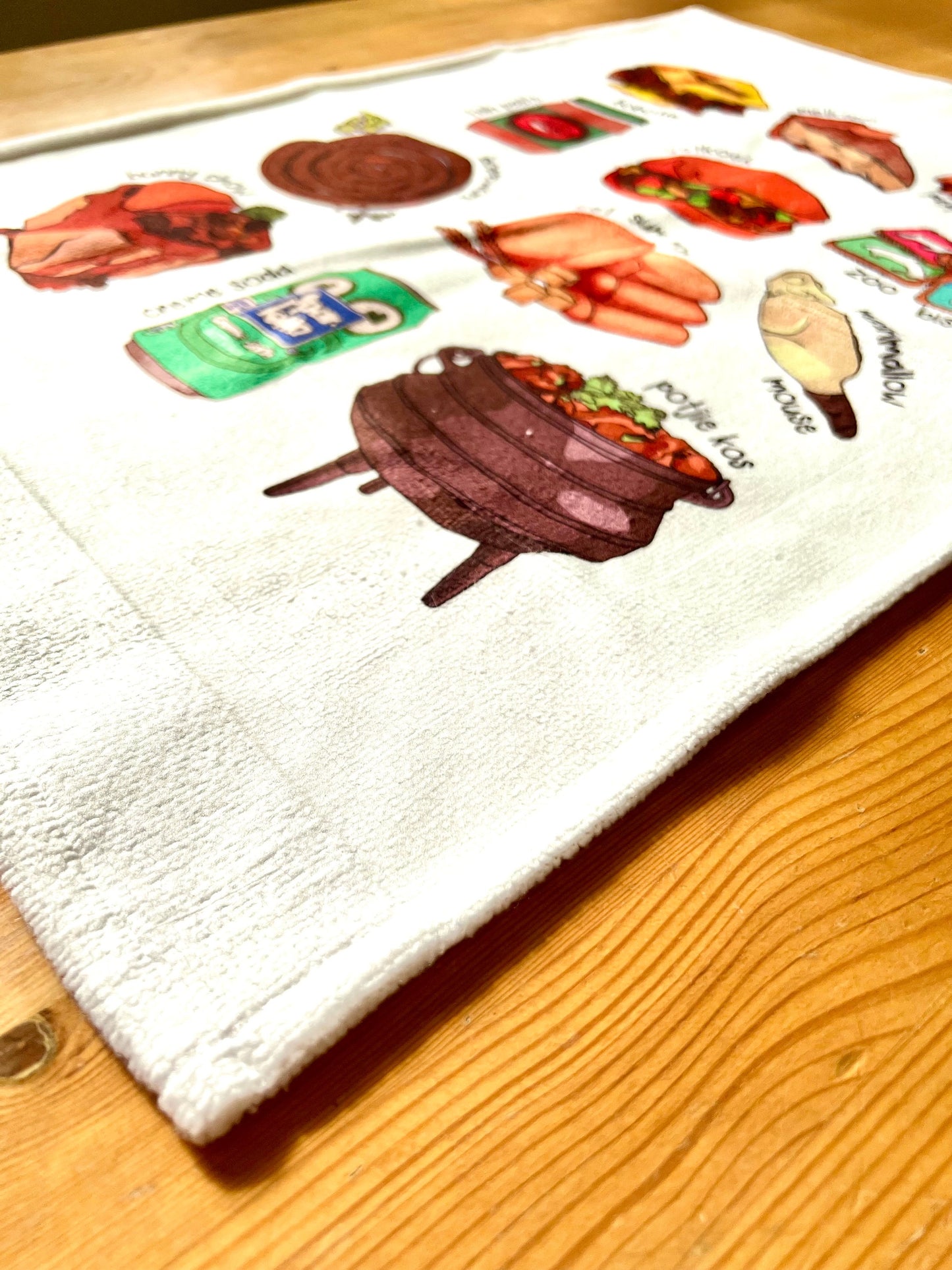 South African Foods Tea Towel Afrikaans Bar Dish Cloth Drying Hand Towel Housewarming New Home Kitchen Chef Gift Braai BBQ Hand printed